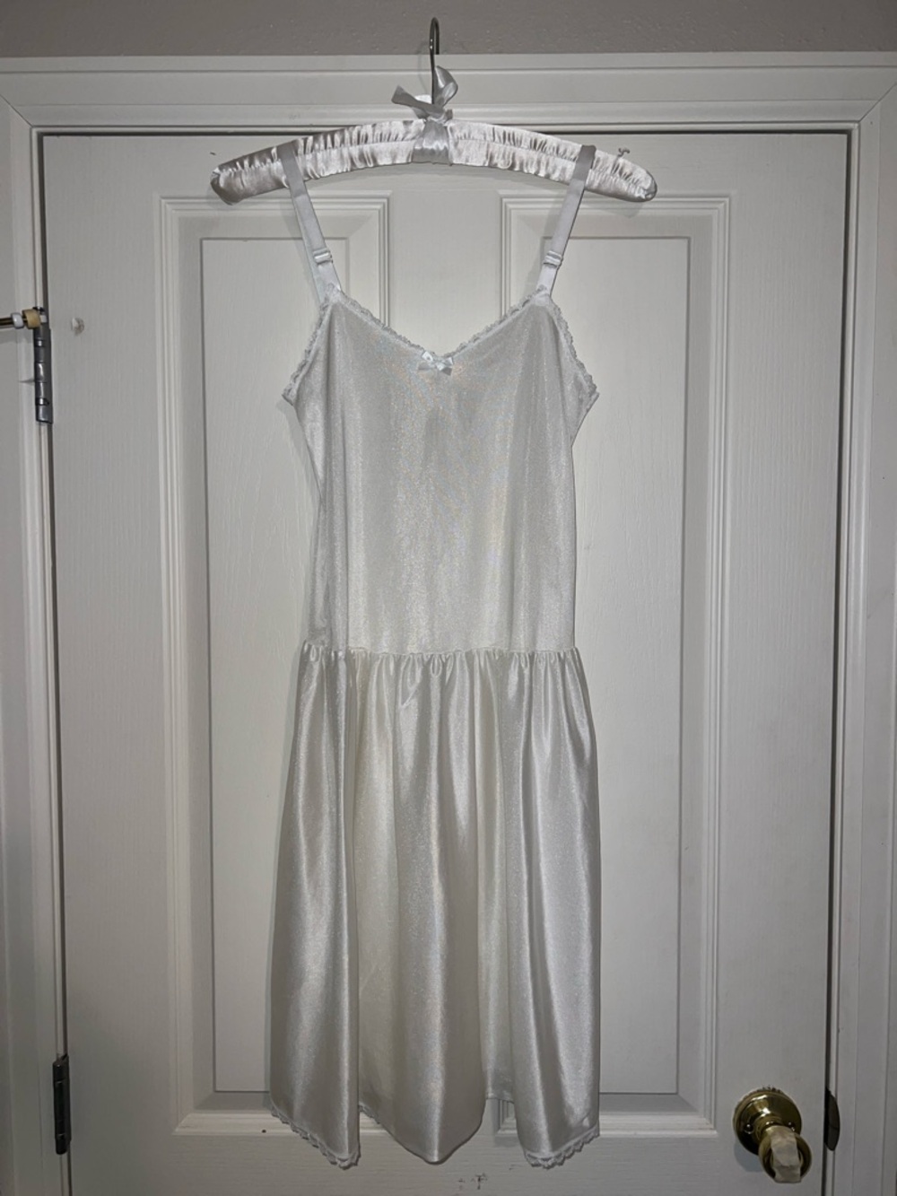 Silky Ivory Satin Slip with Lace Trim and Bow